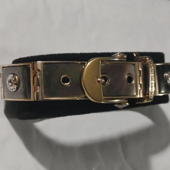 Hendi Bendal Hinge Belt Buckle Bracelet MOP Signature Logo Gold Tone Rhinestone - Picture 3 of 16